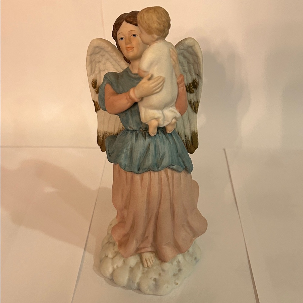Vintage Homco Collectible #1417 Bisque Guardian Angel Holding a Baby Figurine